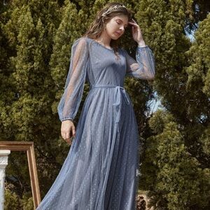 Mesh Long Sleeve Belted Maxi Dress